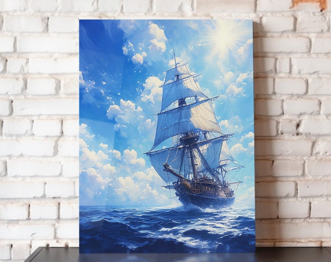 Tall Sailing Ship Bright Blue Ocean Sunny Nautical Voyage Painting Poster