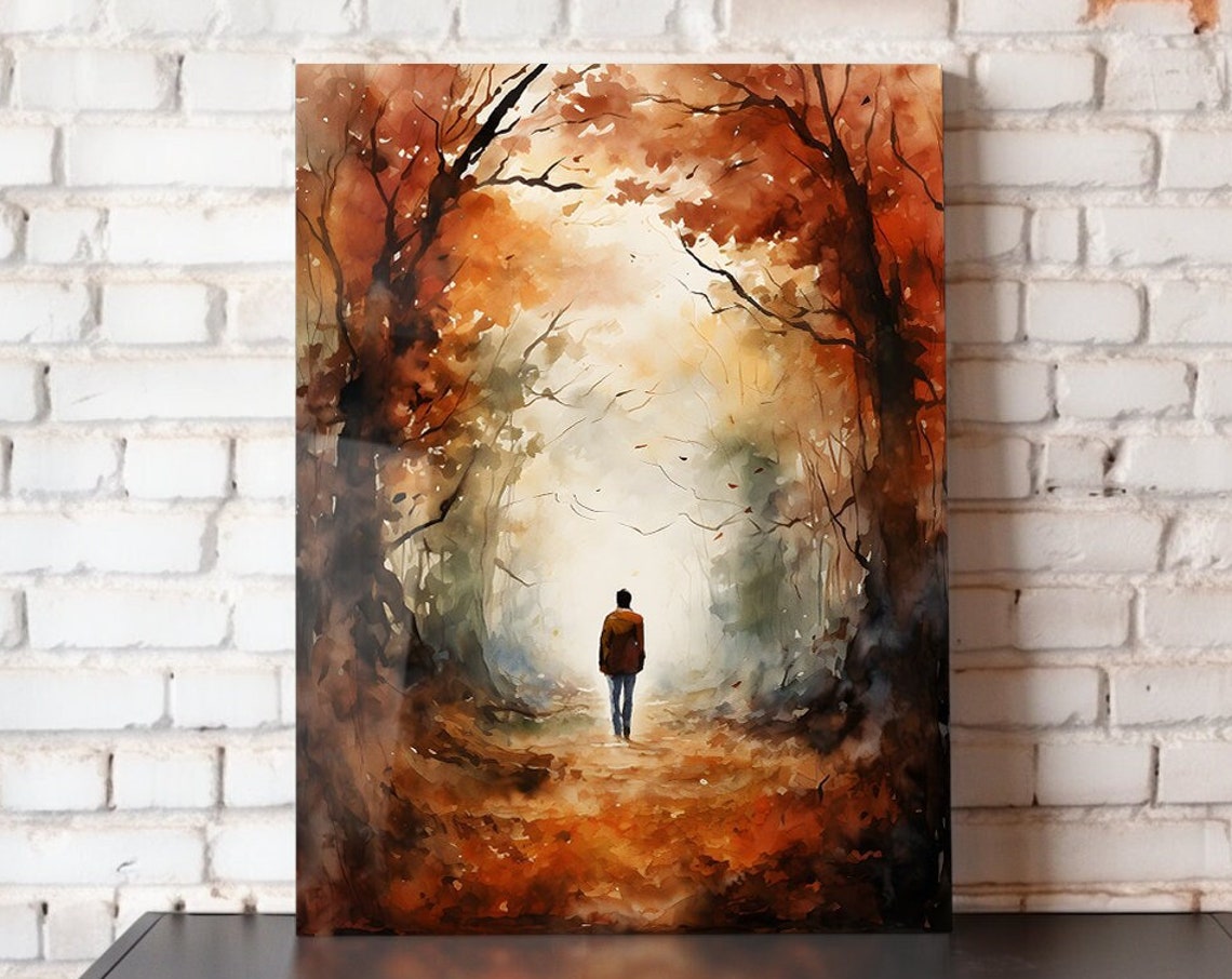 Autumn Forest Path Watercolor Lone Walker Orange Fall Foliage Poster