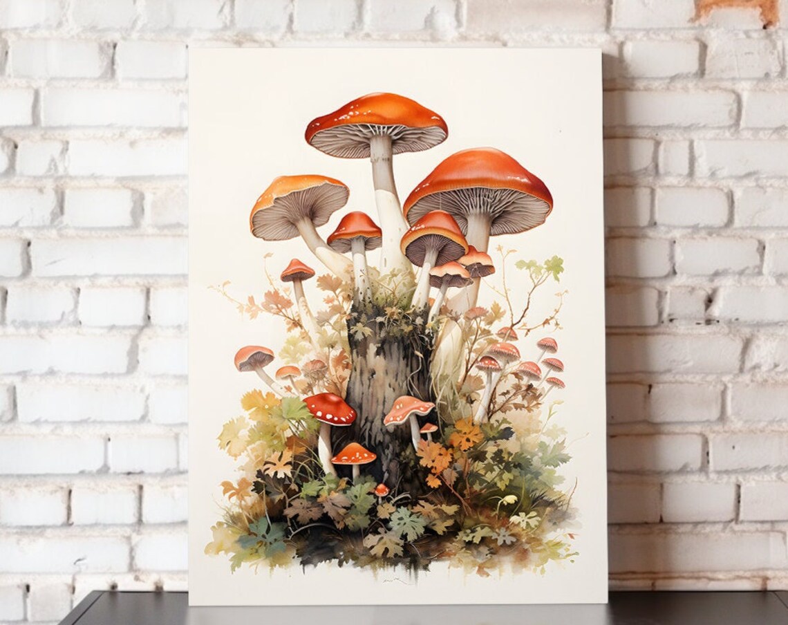 Red Toadstool Mushrooms Watercolor Enchanted Forest Botanical Art Poster