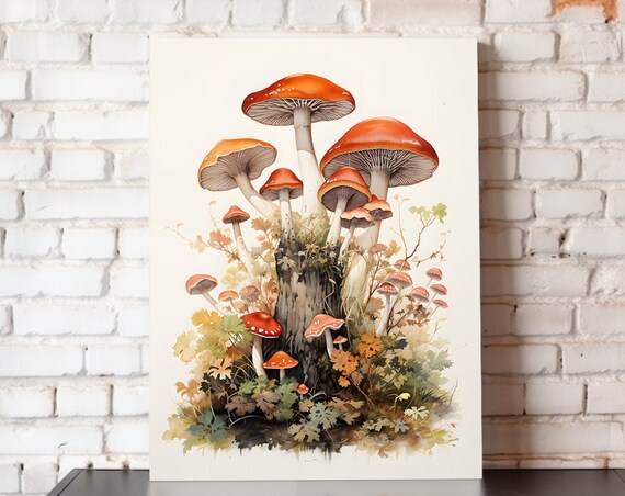 Red Toadstool Mushrooms Watercolor Enchanted Forest Botanical Art Poster