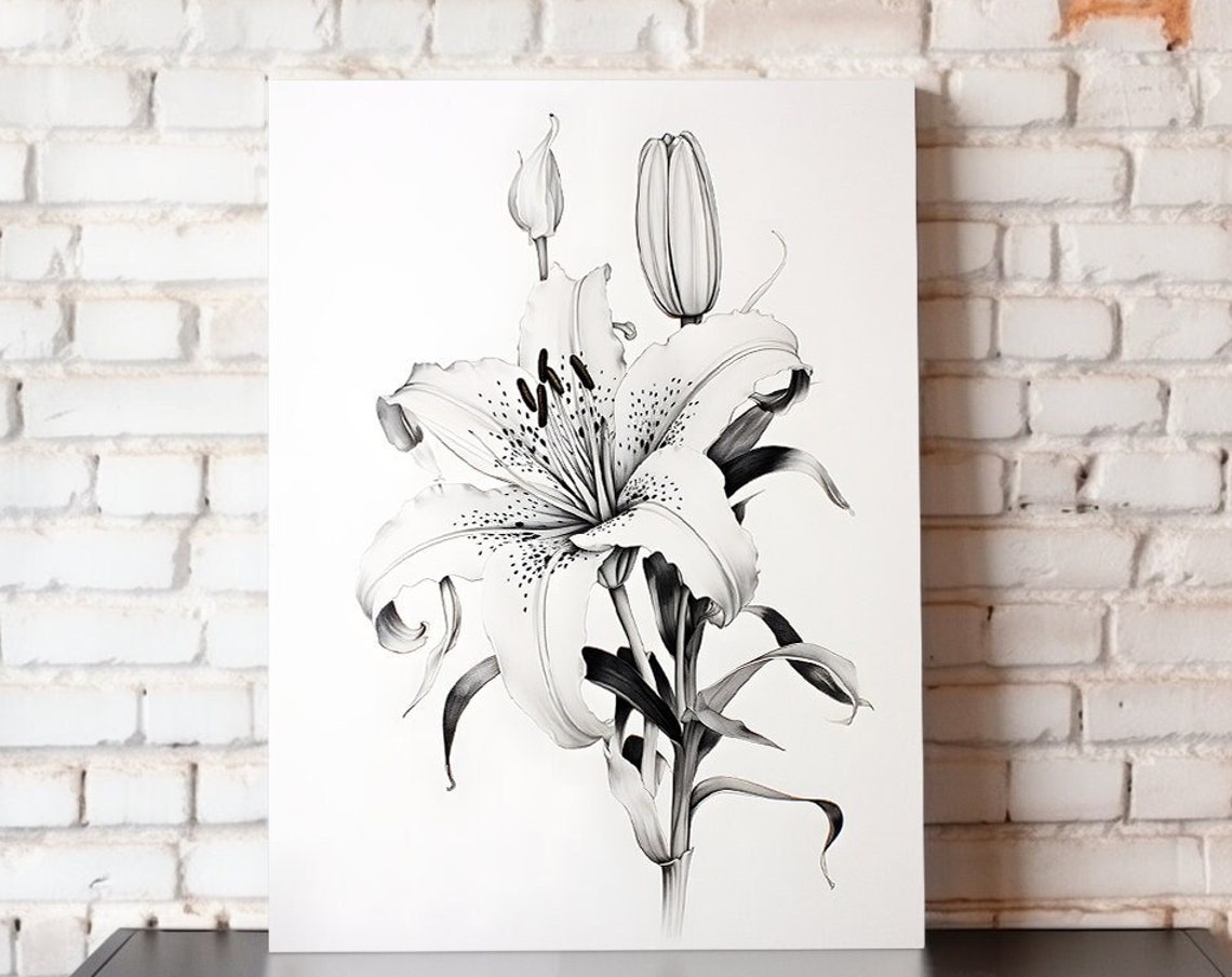 Black White Lily Flower Ink Botanical Elegant Floral Line Art Print