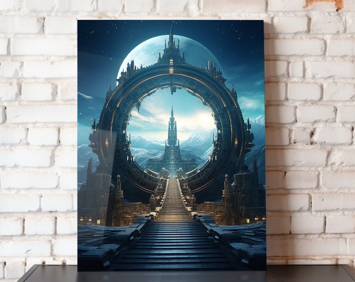 Circular Ring City Sci Fi Portal Gateway Moonlit Mountain Realm Poster