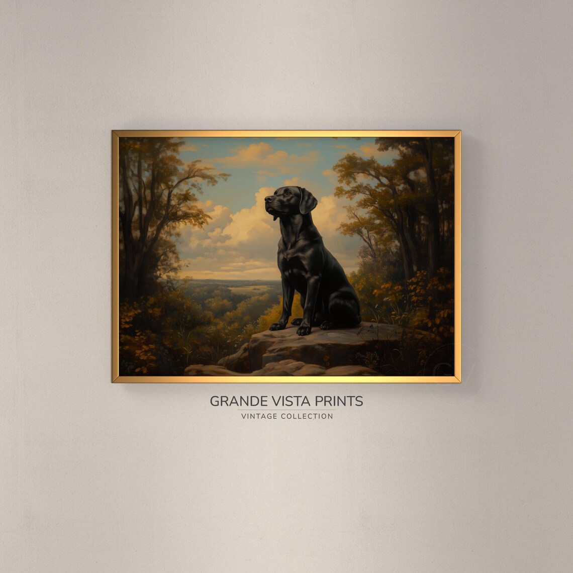 Black Dog Rocky Overlook Autumn Valley Golden Sunset Vintage Poster