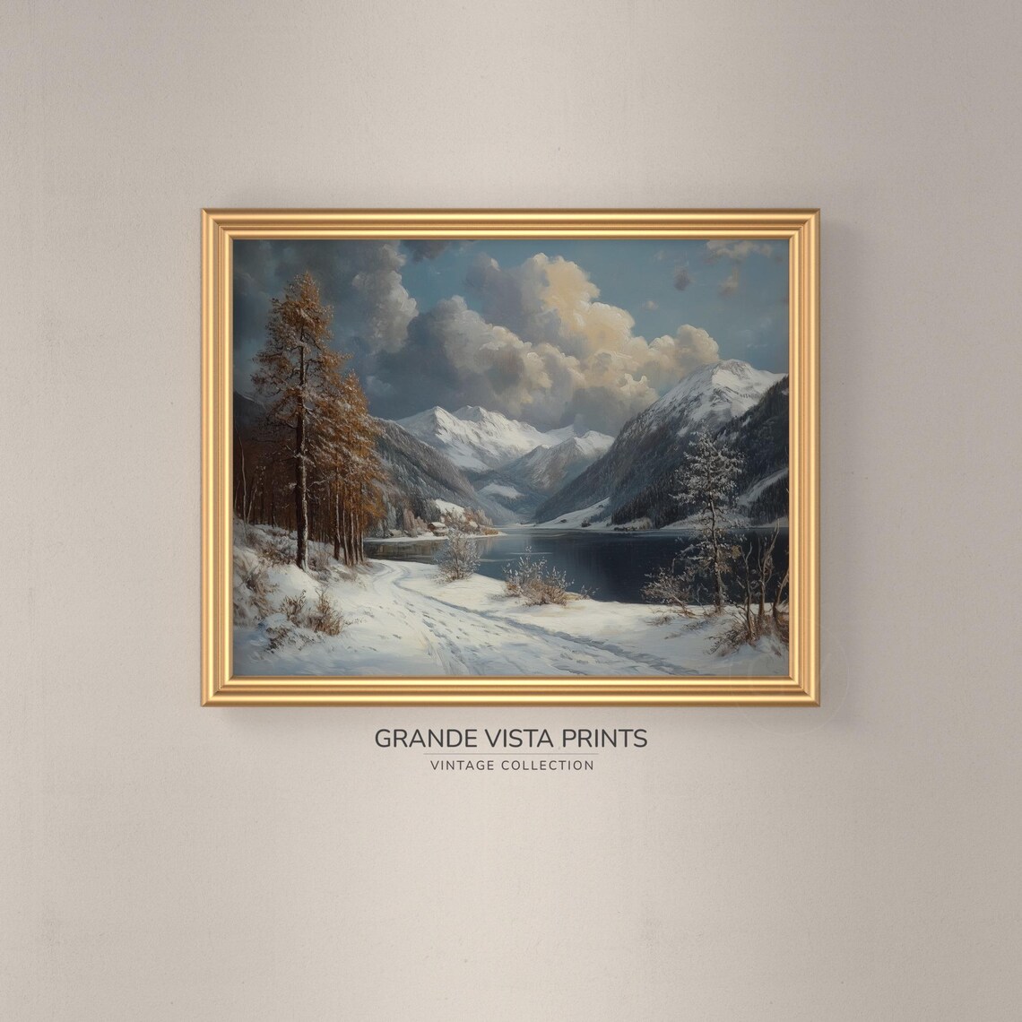 Snowy Mountain Lake Golden Larch Trees Vintage Winter Painting - Image 3
