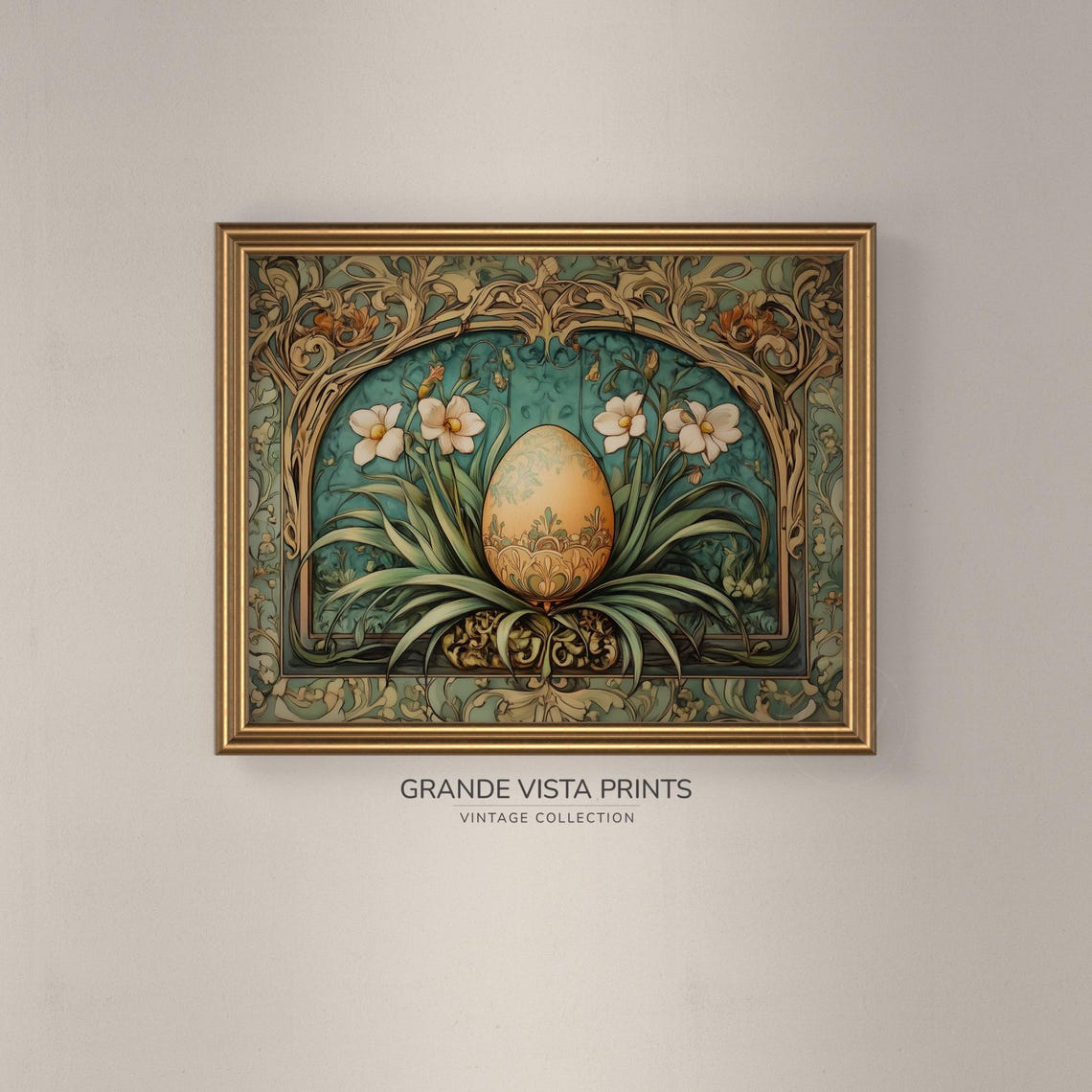 Ornate Easter Egg in Flower Arch Art Nouveau Gold Spring Wall Art - Image 3