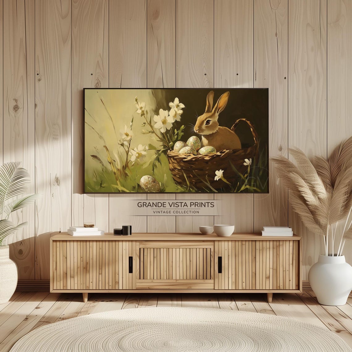 Brown Bunny Basket Speckled Easter Eggs White Flowers Vintage Print - Image 2