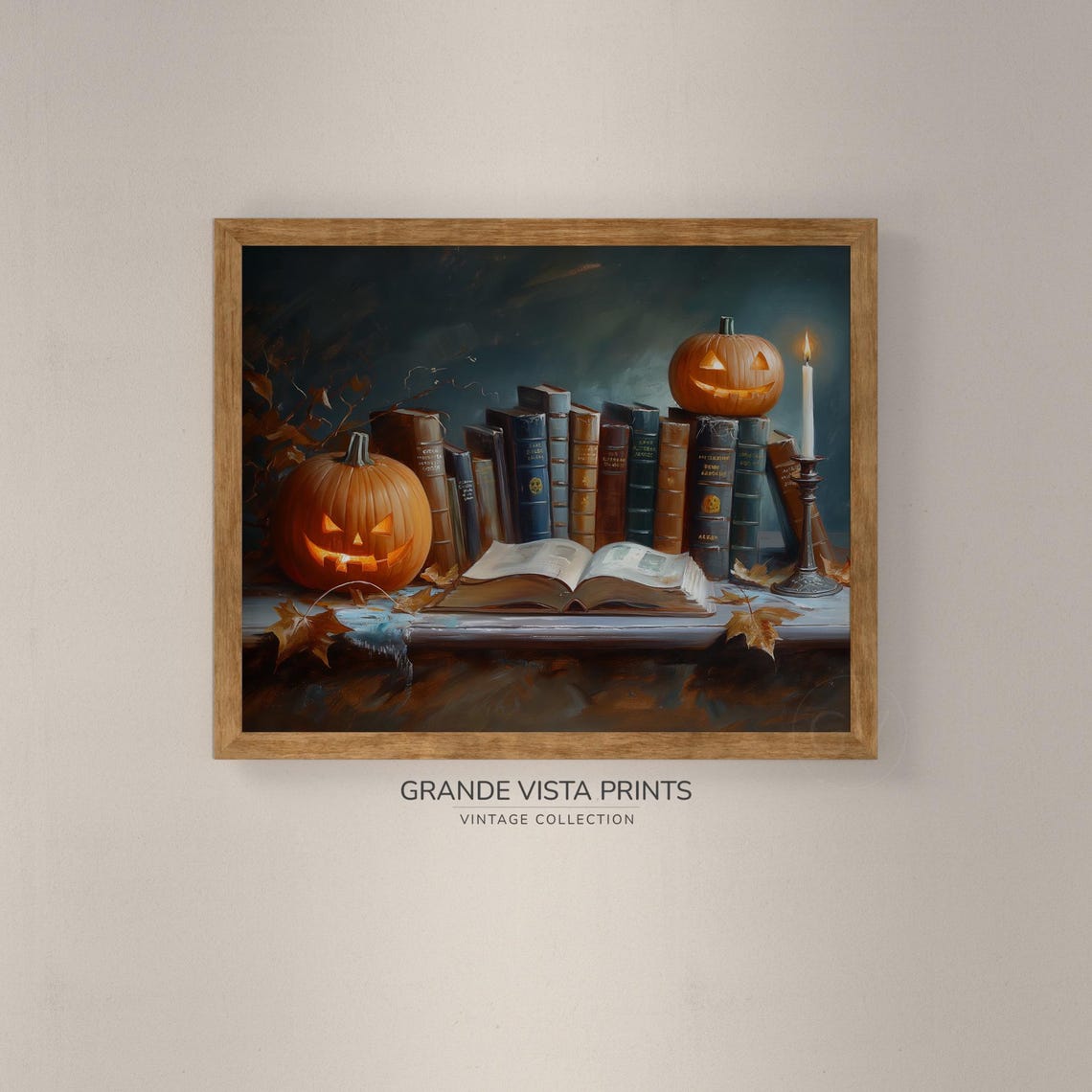 Jack O Lanterns With Vintage Library Books Cozy Halloween Art Poster - Image 4