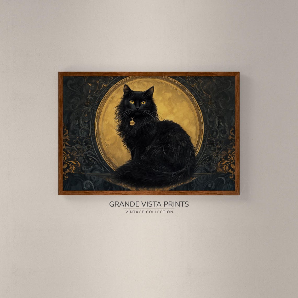 Long Haired Black Cat Golden Moon Gothic Dark Elegant Wall Art - Image 2