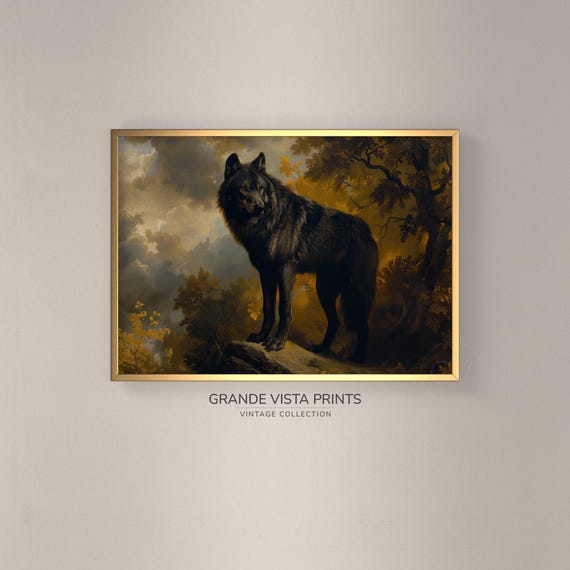 Black Wolf Forest Landscape Painting Art Print