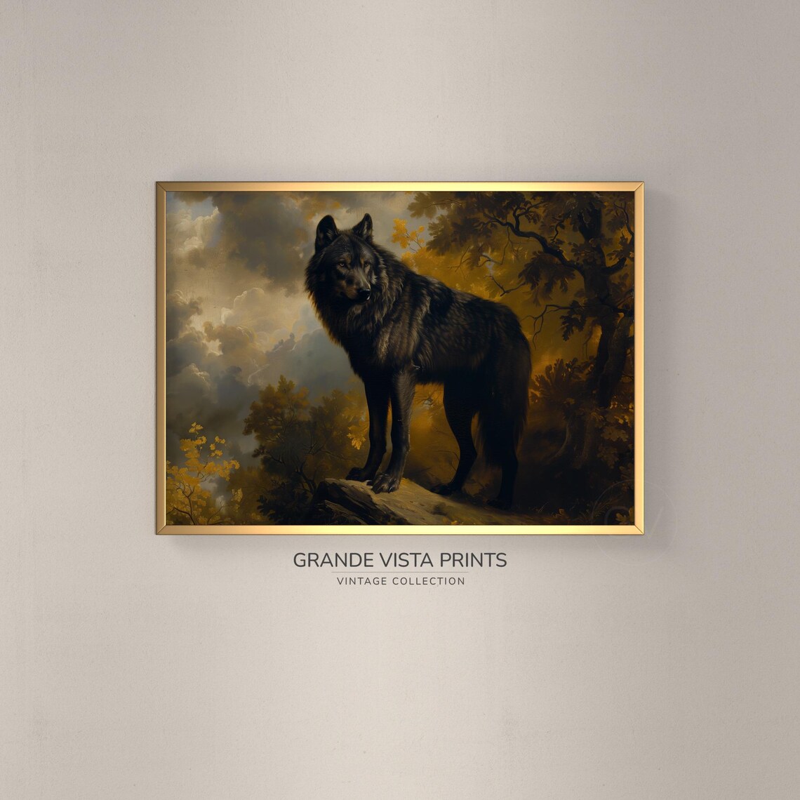 Black Wolf Forest Landscape Painting Art Print