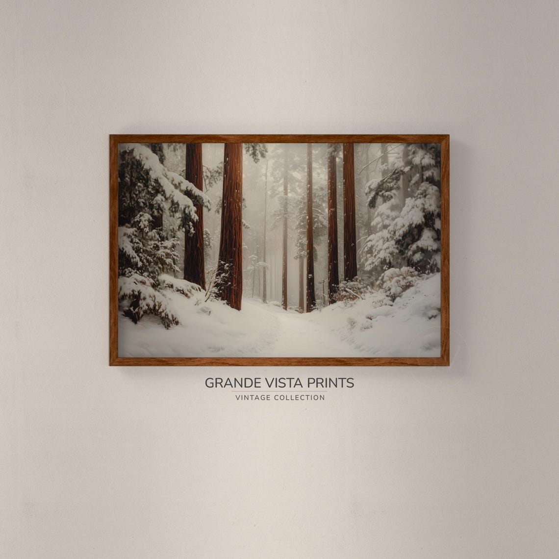 Snow Covered Redwood Forest Winter Trail Misty Snowfall Travel Poster - Image 2