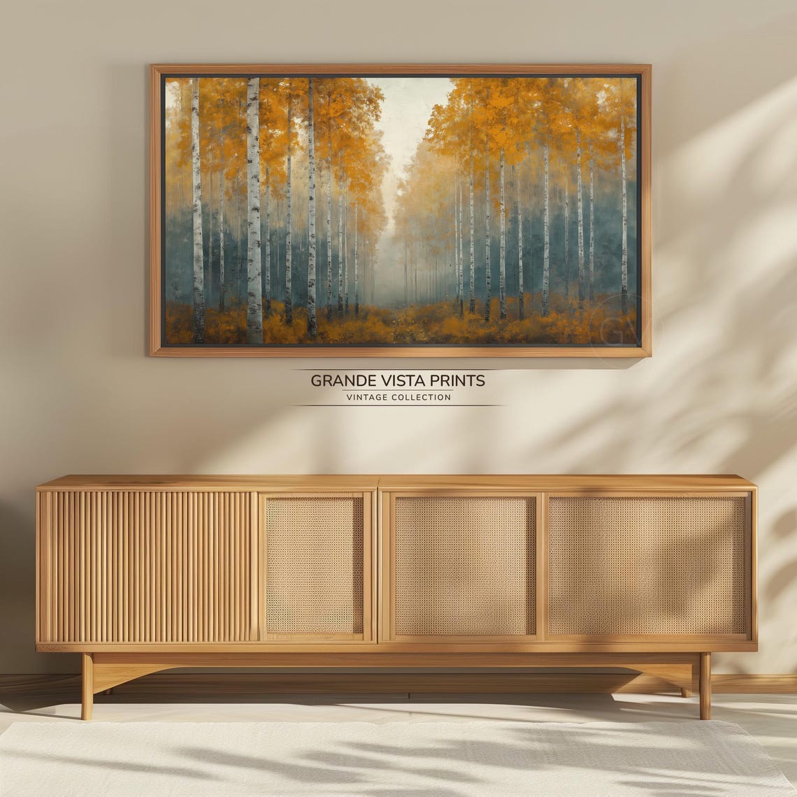Orange Canopy Birch Forest Misty Blue Autumn Vintage Wall Art - Image 4