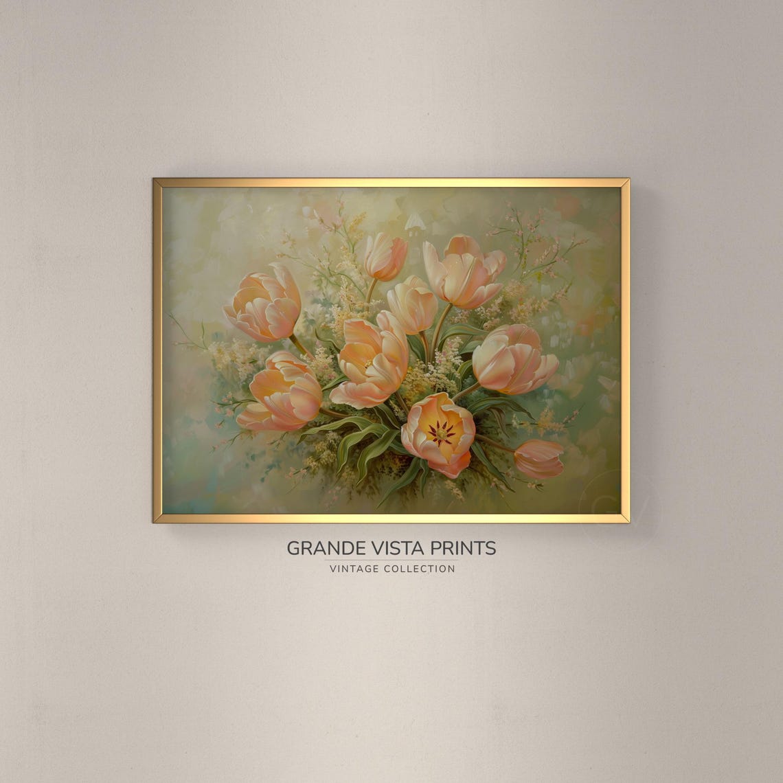Peach Pink Tulip Bouquet Soft Floral Still Life Vintage Wall Art