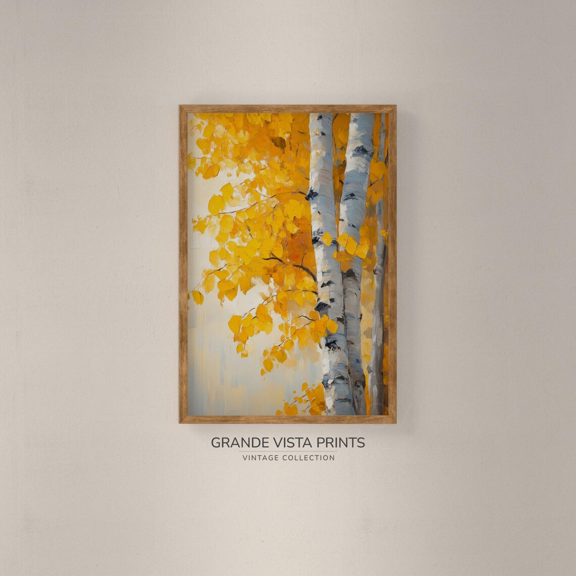 Yellow Aspen Leaves Birch Trunk Close Up Vintage Floral Wall Art - Image 2