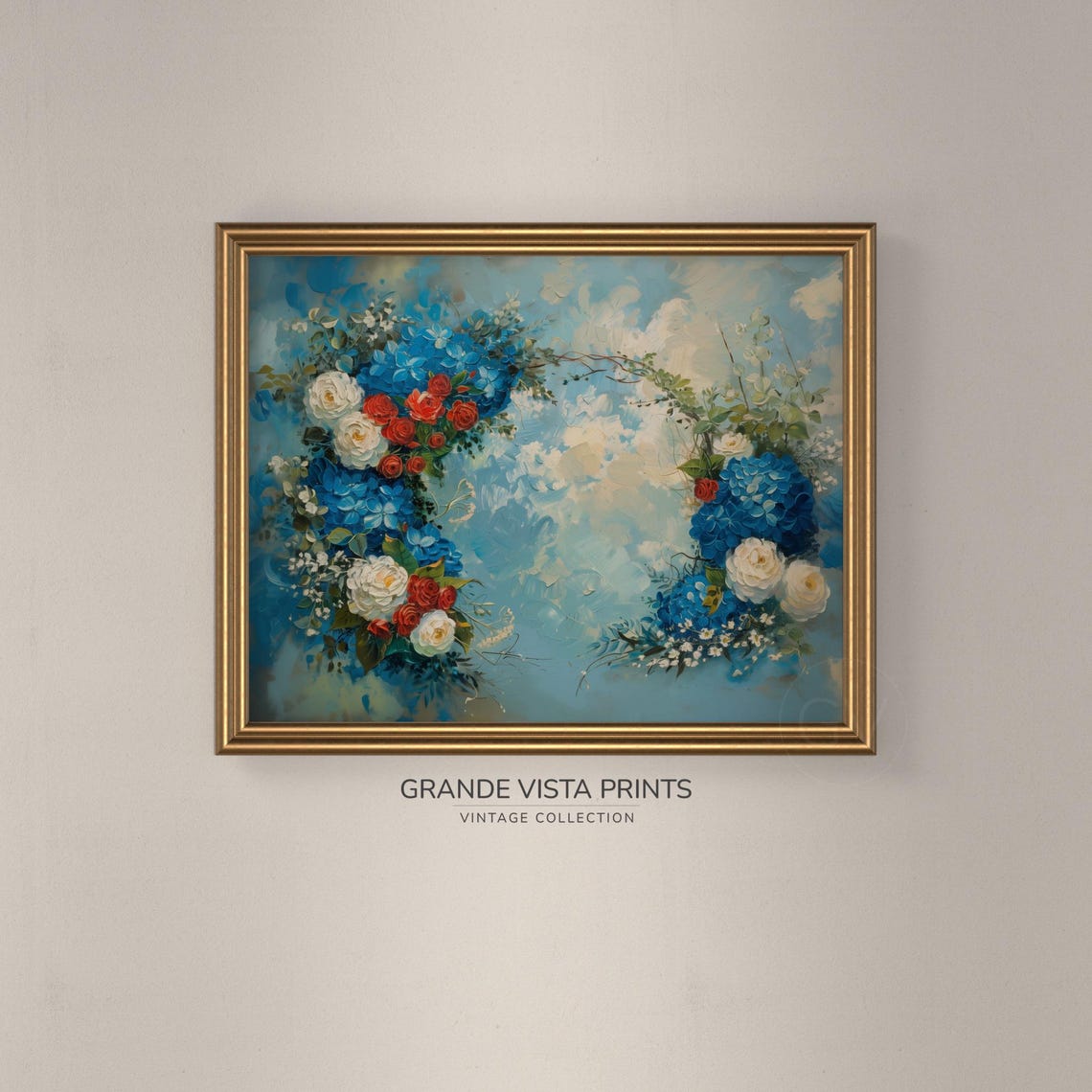 Red White Blue Floral Garland Arch Roses Hydrangeas Vintage Sky Poster - Image 3