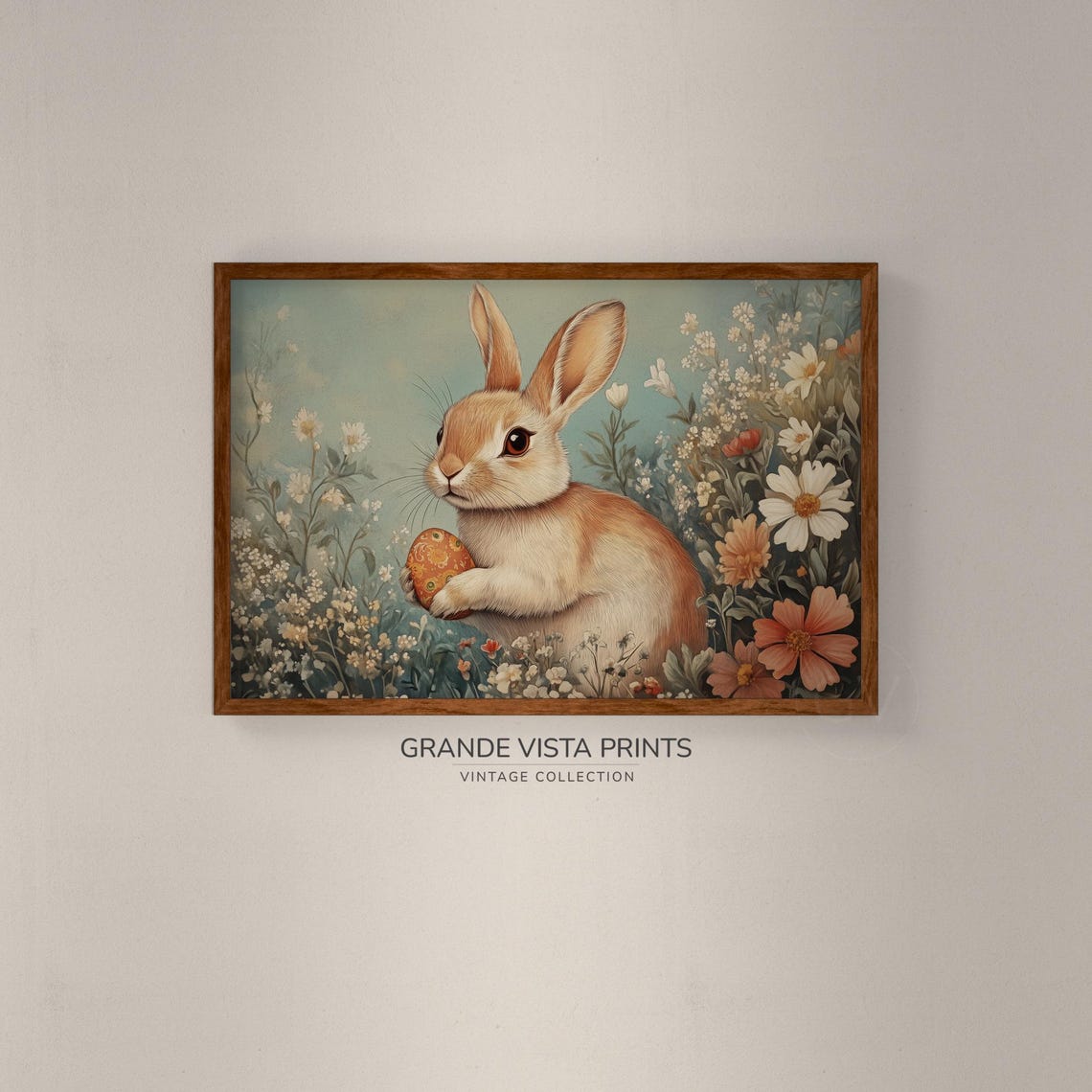 Tan Rabbit Holding Painted Easter Egg Wildflowers Vintage Art Poster - Image 2