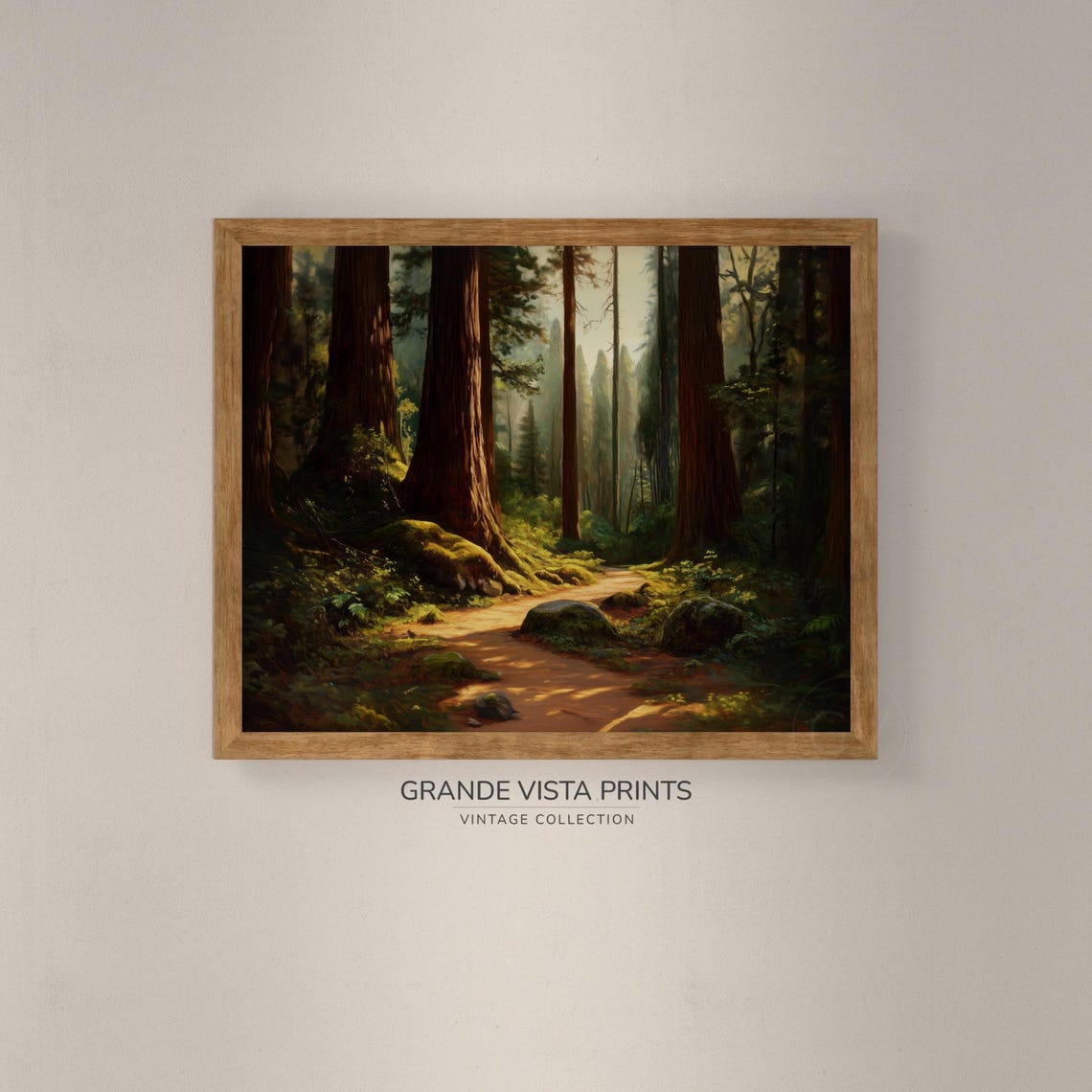 Ancient Redwood Forest Sunlit Trail Giant Trees Painting Poster - Image 4
