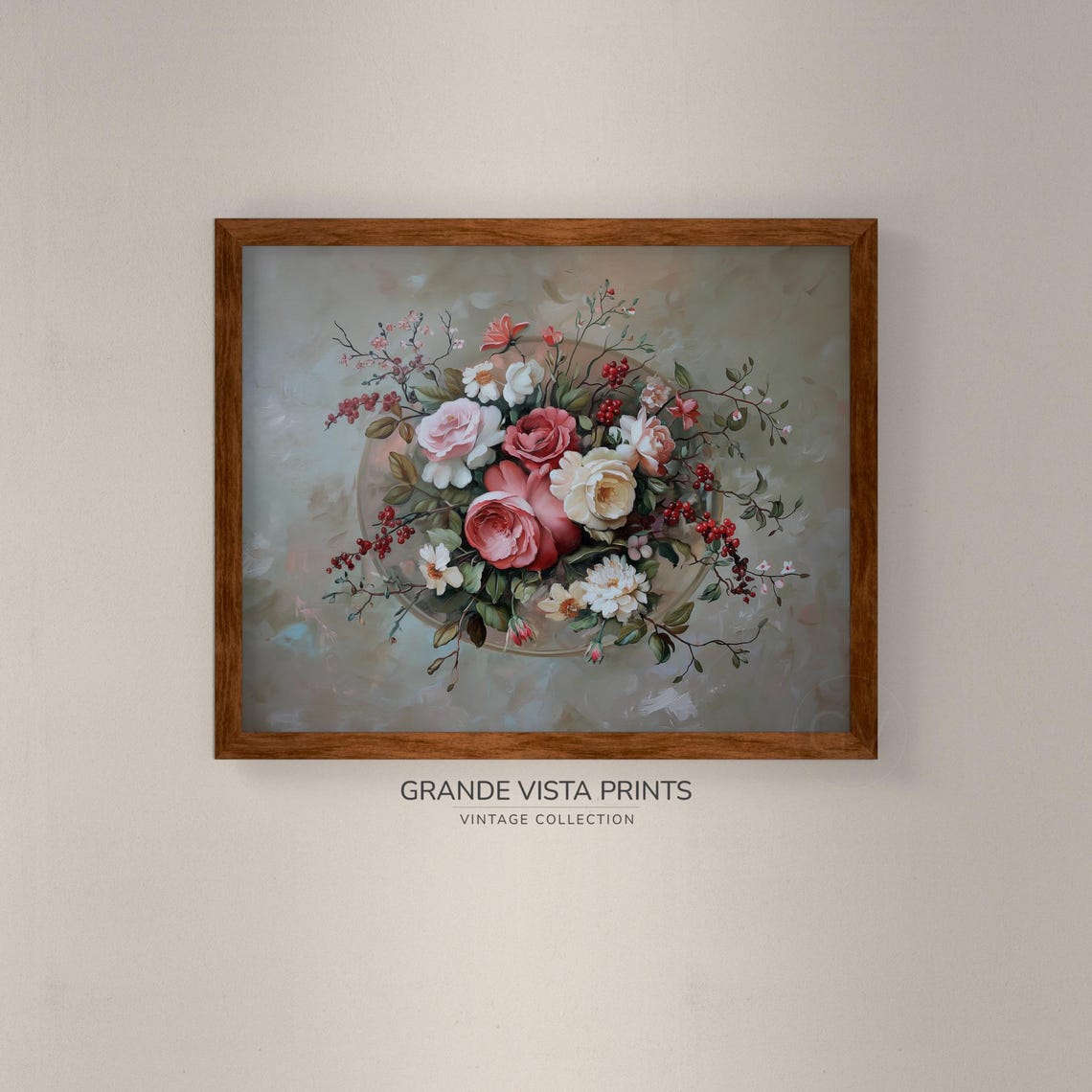 Pink Roses and White Blossoms Red Berry Bouquet Vintage Floral Poster - Image 4