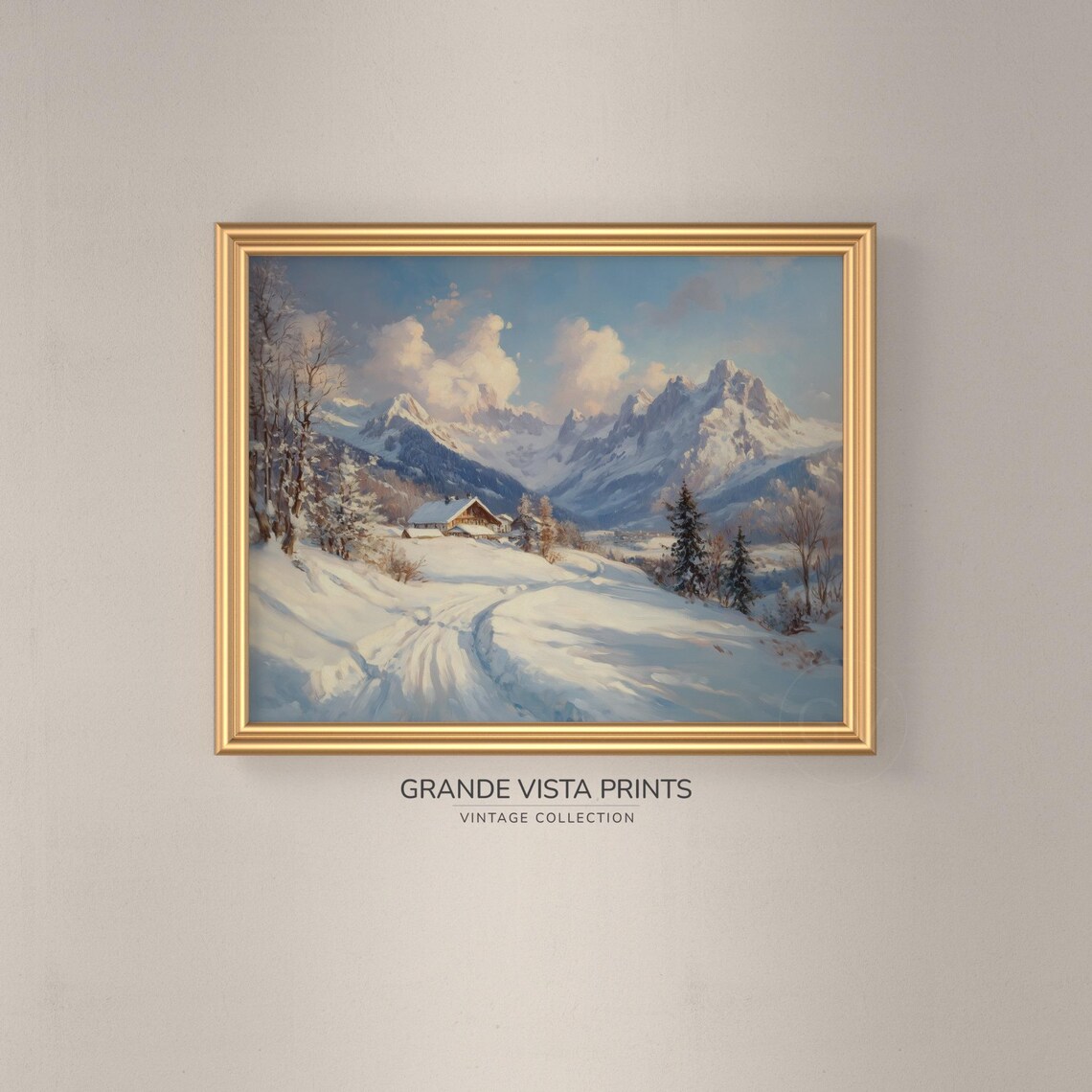 Snowy Alpine Village Cabins Winter Valley Vintage Mountain Poster - Image 3