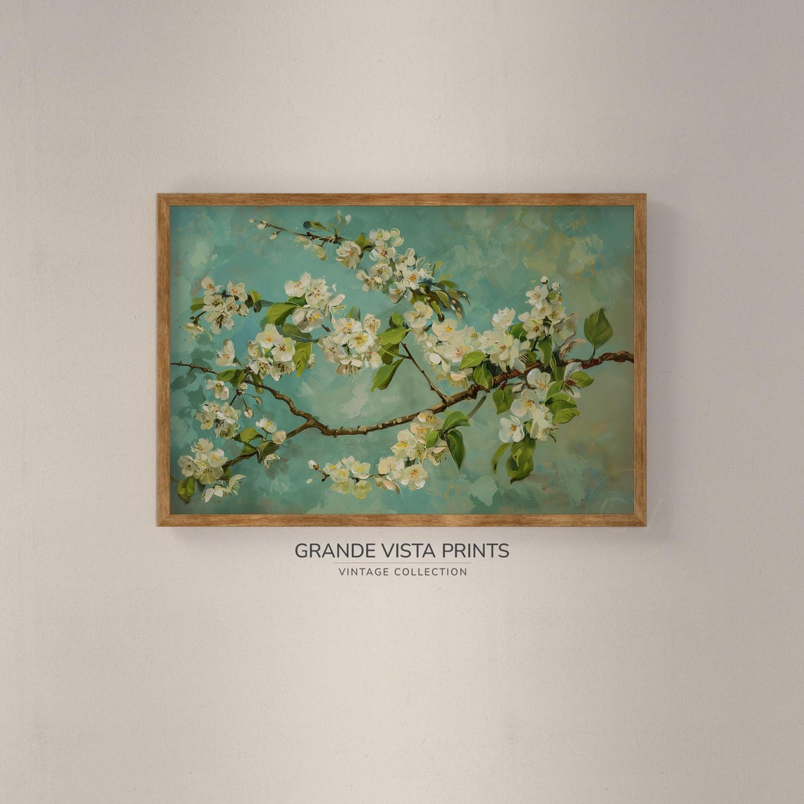 White Cherry Blossom Branch Teal Background Spring Floral Art Print - Image 2