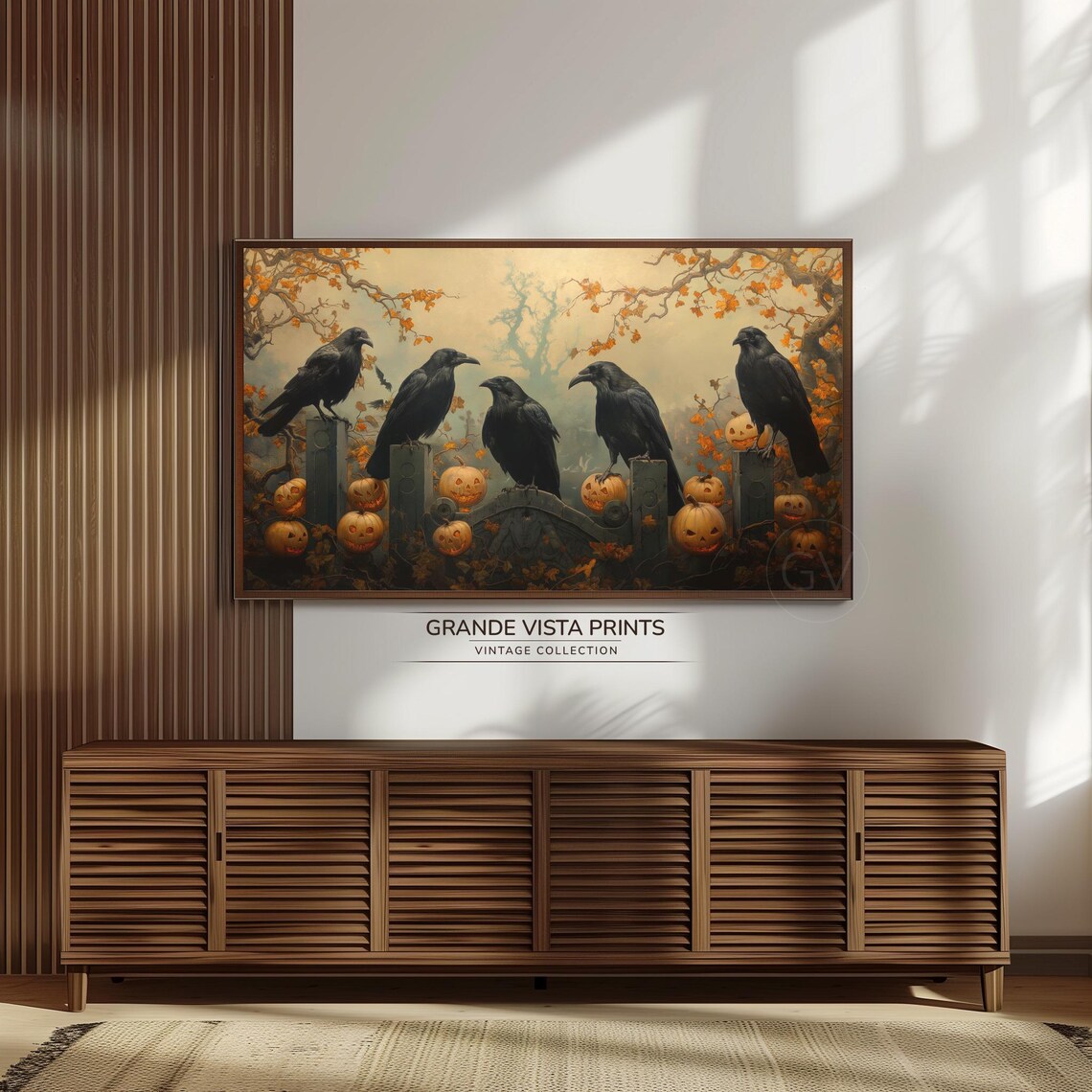 Halloween Crows Five Black Birds Tombstones Pumpkins Spooky Vintage Poster - Image 3