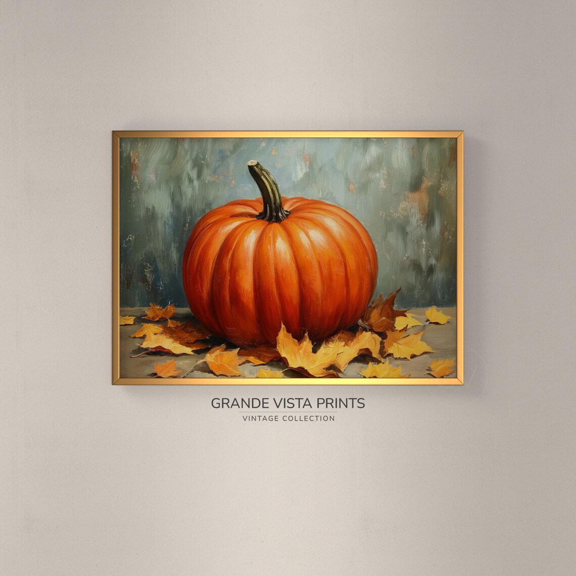 Rustic Orange Pumpkin Fall Leaves Harvest Still Life Painting Poster