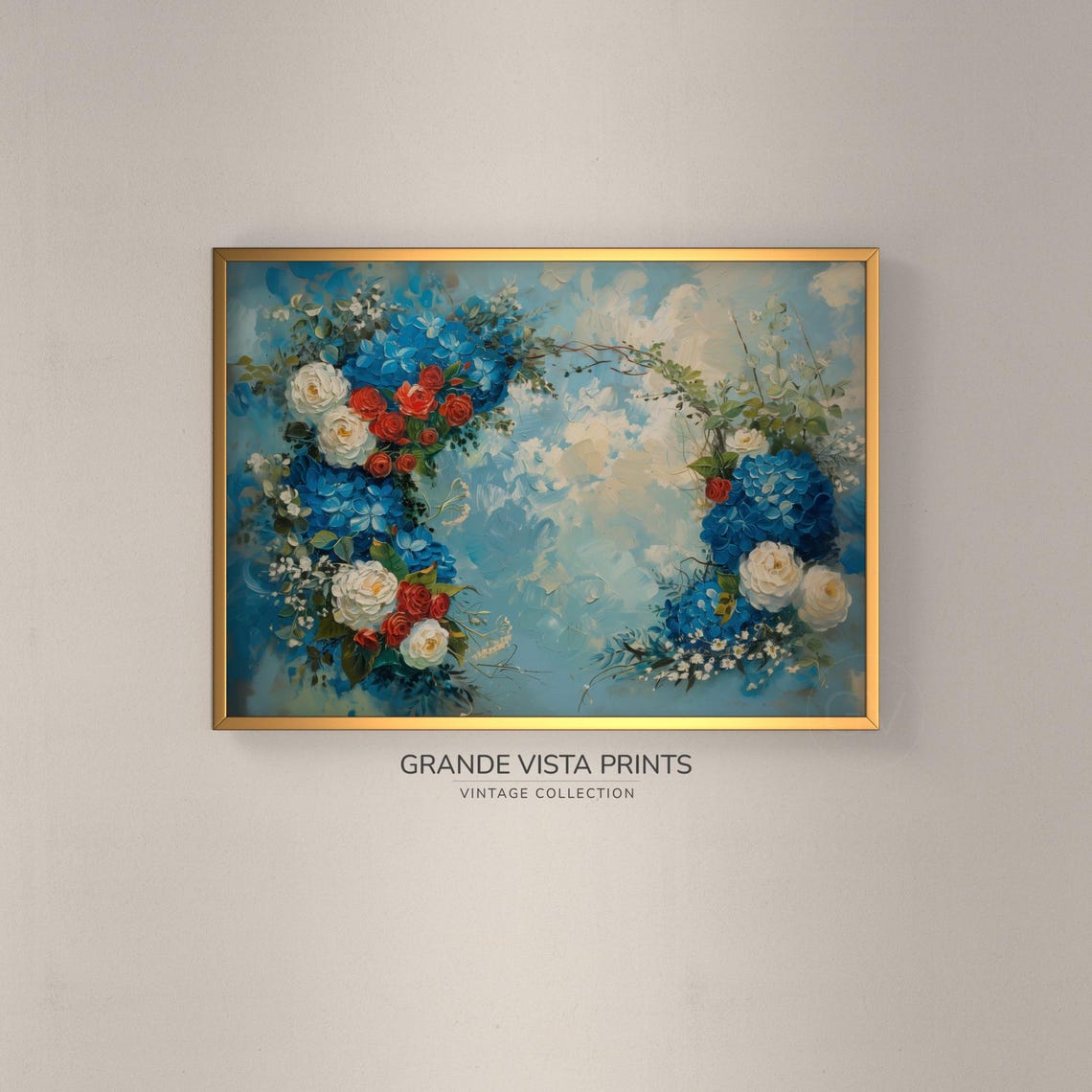 Red White Blue Floral Garland Arch Roses Hydrangeas Vintage Sky Poster