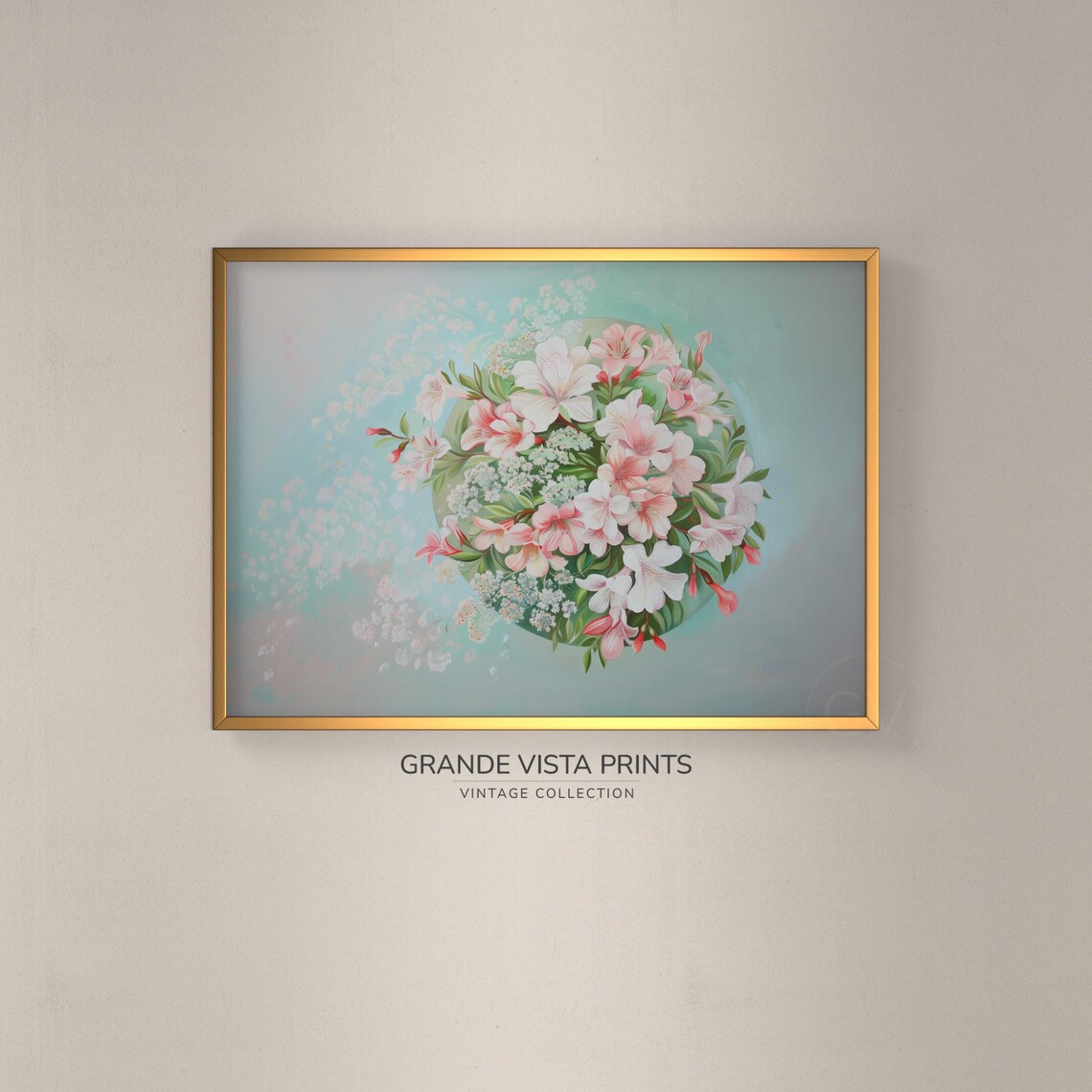 Pink Azalea Blossom Bouquet Vintage Floral Roundel Wall Art Poster