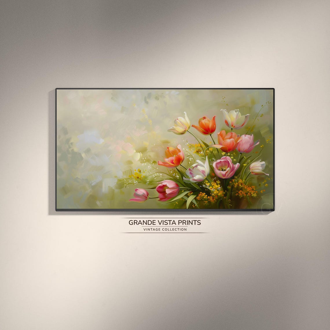 Spring Tulips Pink Orange White Blooms Soft Sage Floral Art Poster