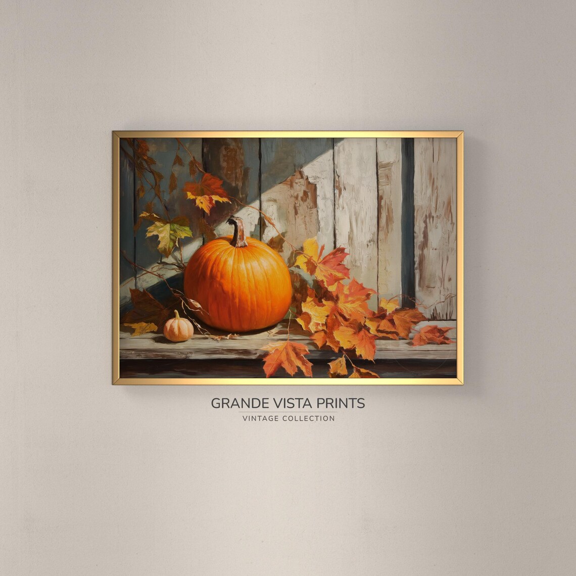 Orange Pumpkin Small Gourd Wooden Bench Weathered Boards Fall Art Poster