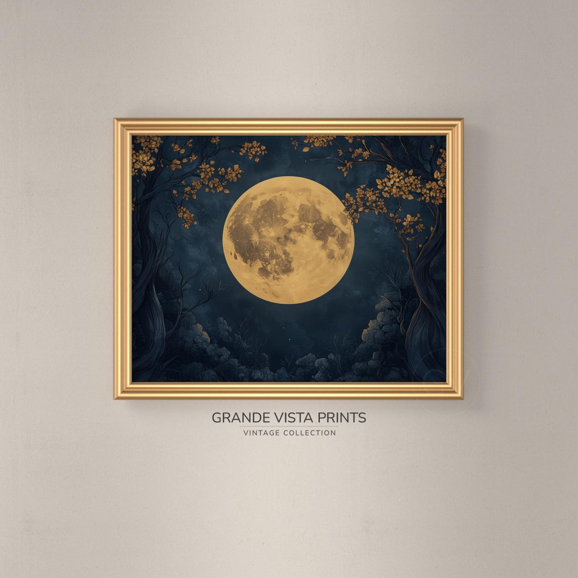 Golden Full Moon Glowing Through Dark Twisted Forest Night Art Poster - Image 3