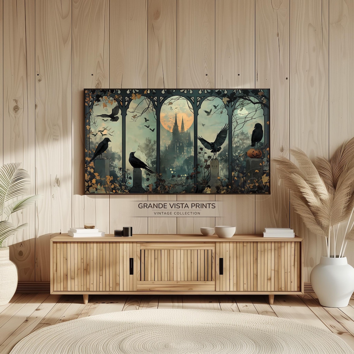 Spooky Halloween Crows Tombstones Gothic Window Haunted Moon Night Poster - Image 2