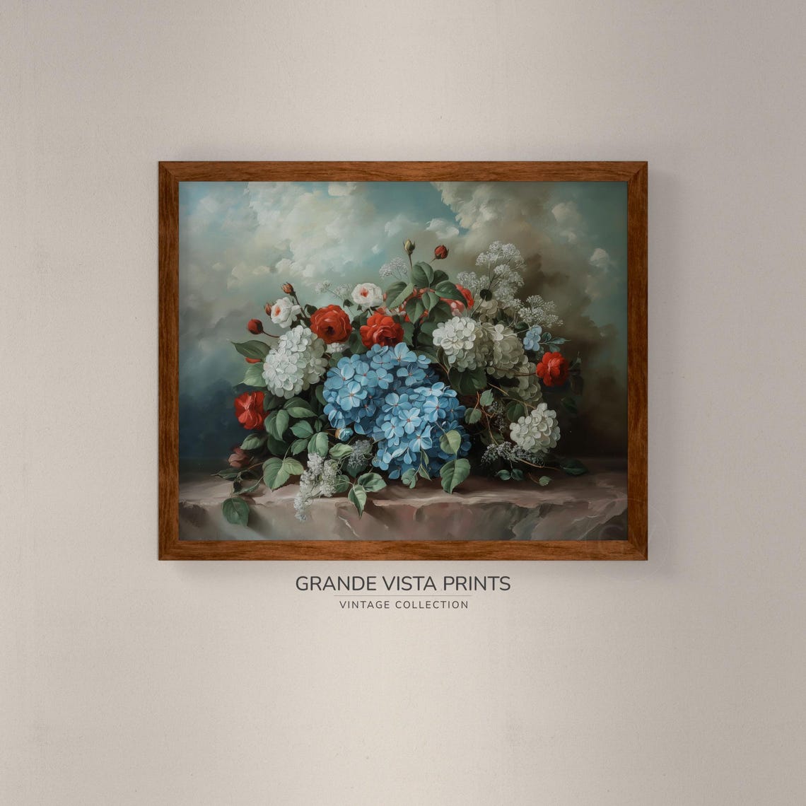 Red Roses Blue White Hydrangeas Stone Ledge Cloudy Sky Floral Poster - Image 4