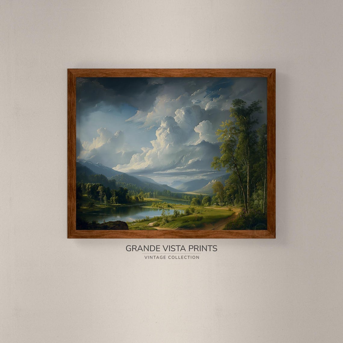 River Valley Lake Dramatic Clouds Green Banks Mountain View Poster - Image 4
