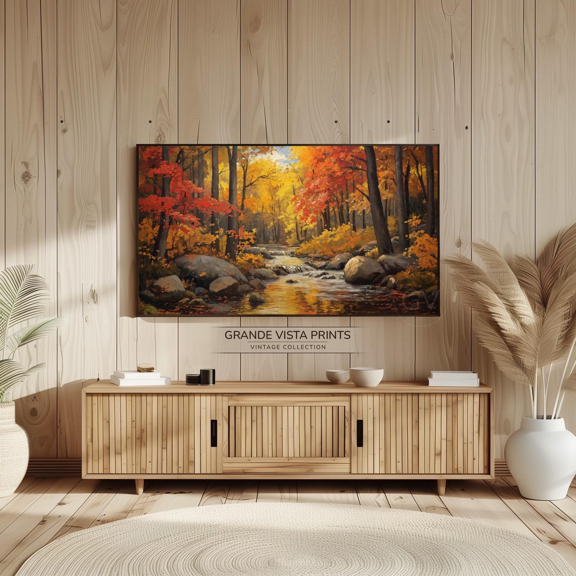 Rocky Autumn Stream Red Orange Forest Fall Landscape Painting Poster - Image 2