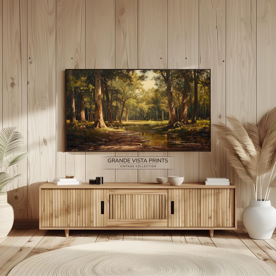 Sunlit Forest Stream Tall Trees Golden Woodland Landscape Poster - Image 2