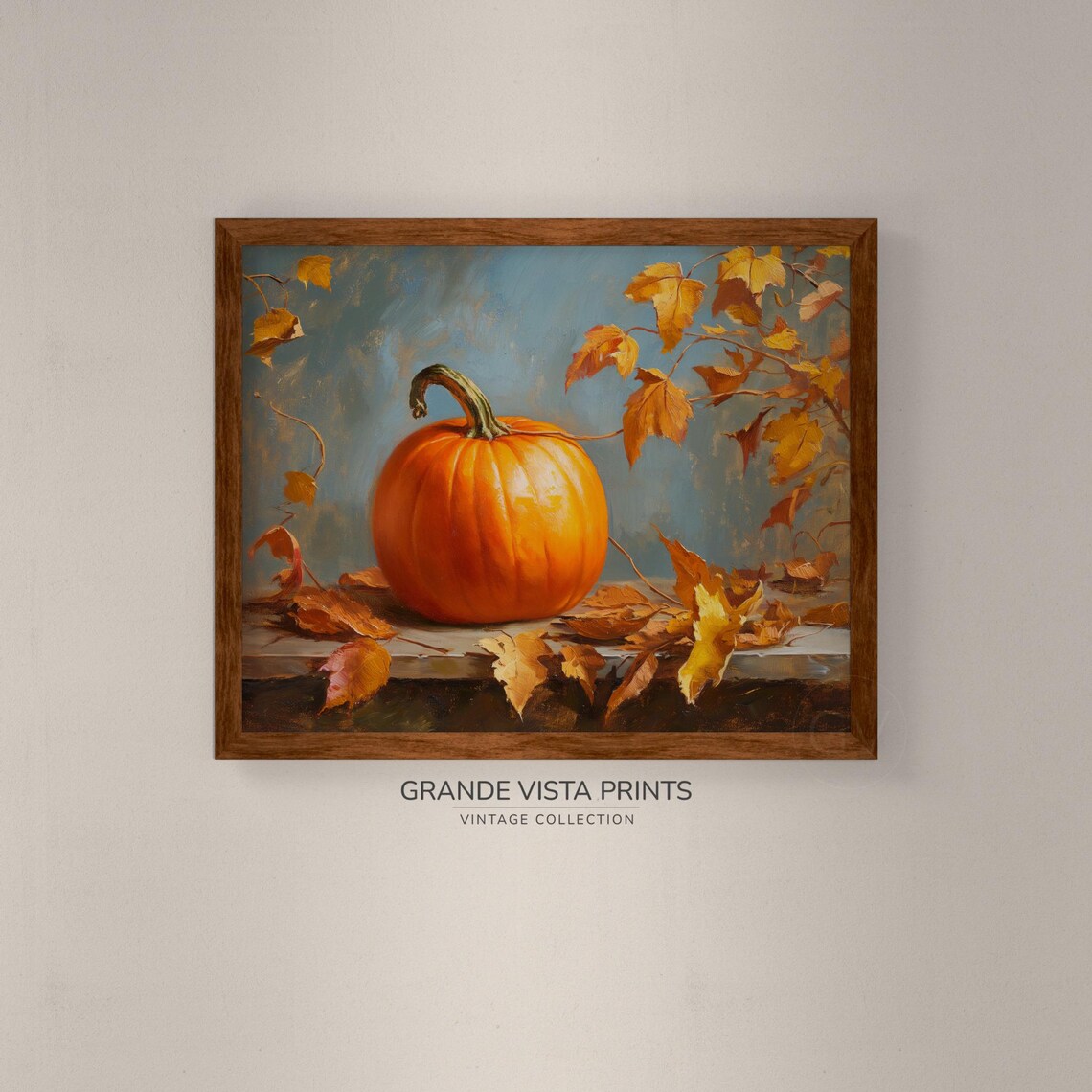 Orange Pumpkin Golden Leaves Rustic Blue Harvest Still Life Painting Poster - Image 4
