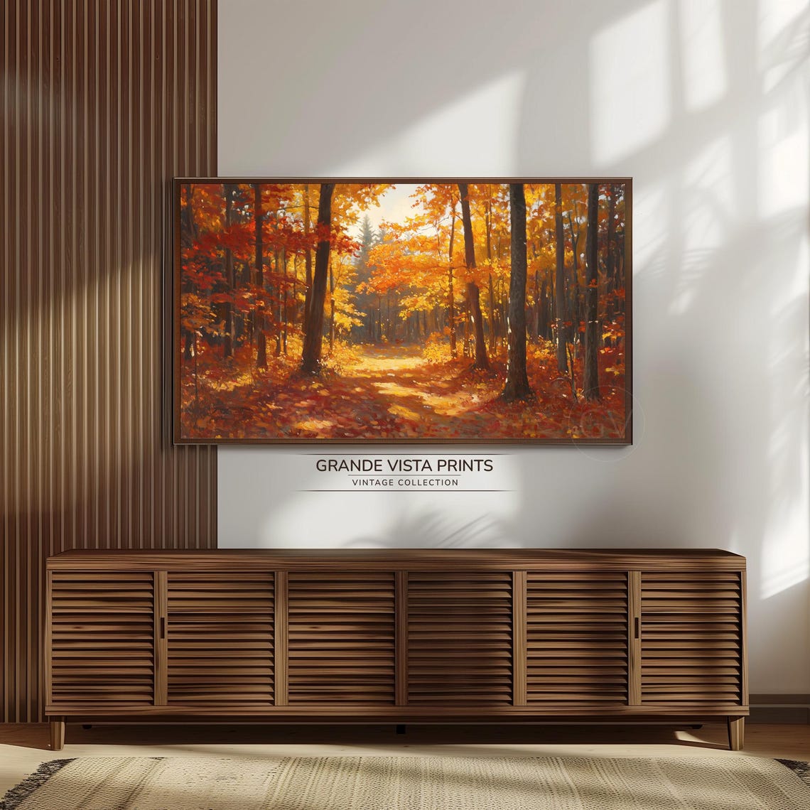 Fiery Autumn Forest Sunbeams Through Red Orange Canopy Fall Art Poster - Image 3