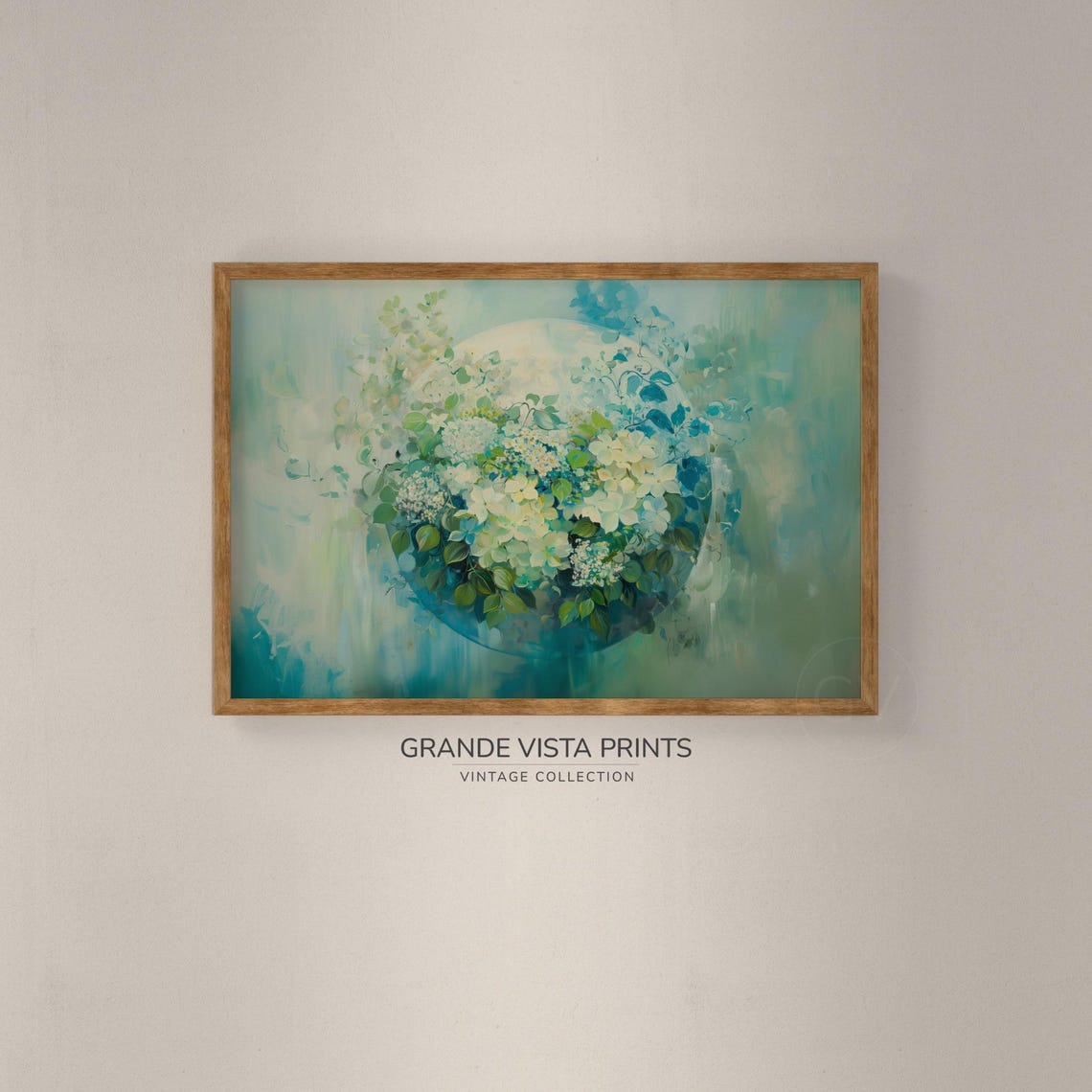 Green White Blossom Wreath Circle Watercolor Botanical Floral Wall Art - Image 2