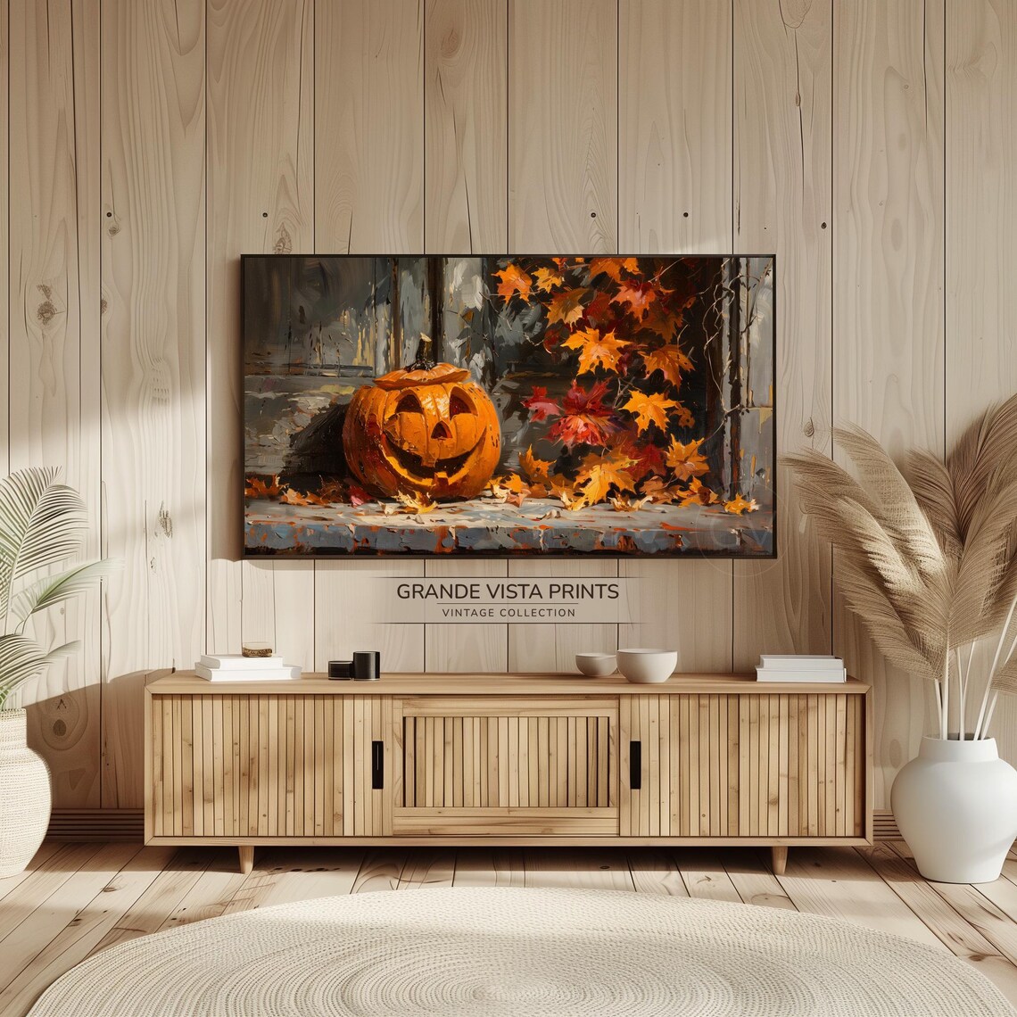 Happy Jack O Lantern Stone Sill Autumn Vines Vintage Halloween Art Poster - Image 2