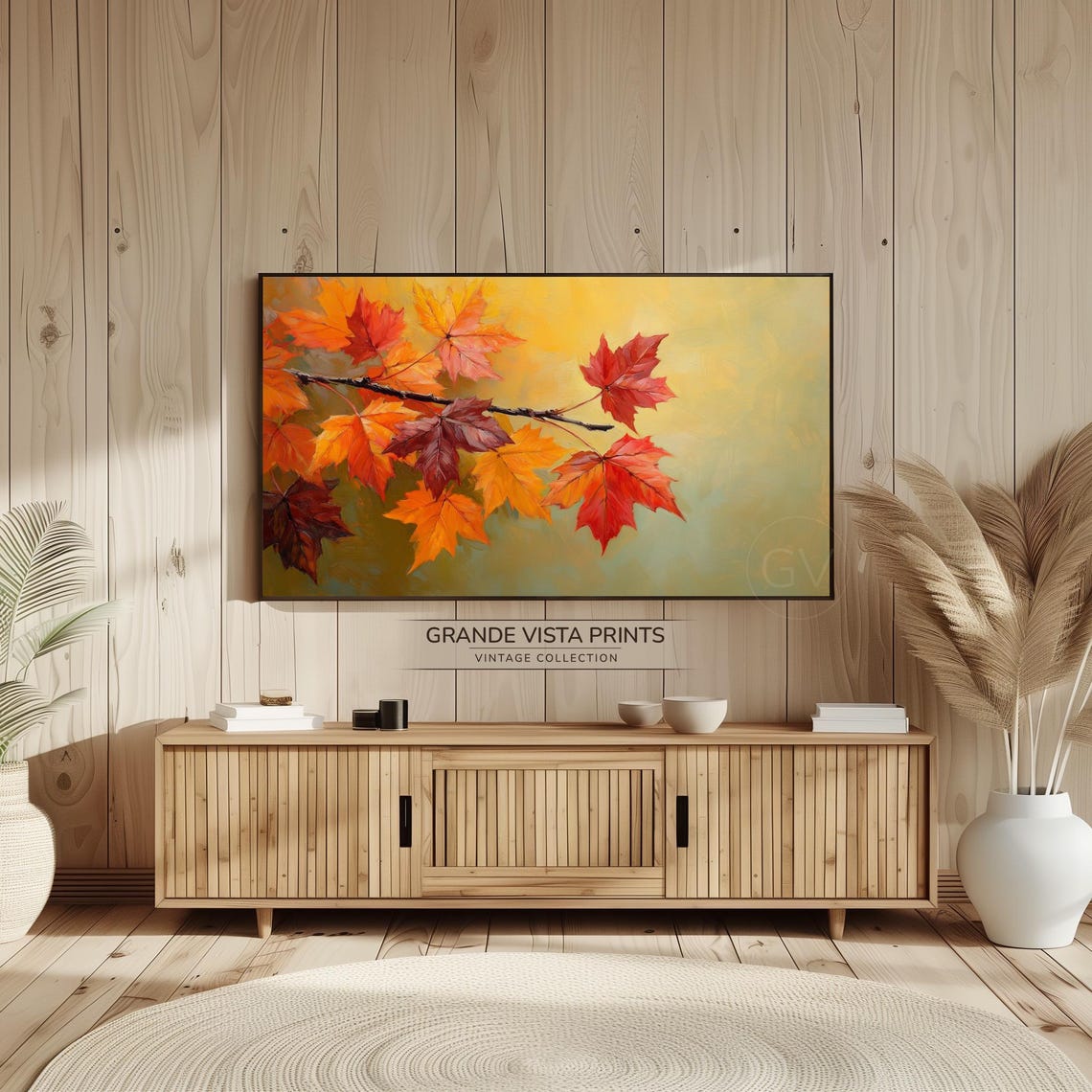 Red Maple Leaves Branch Light Neutral Fall Foliage Painting Poster - Image 2