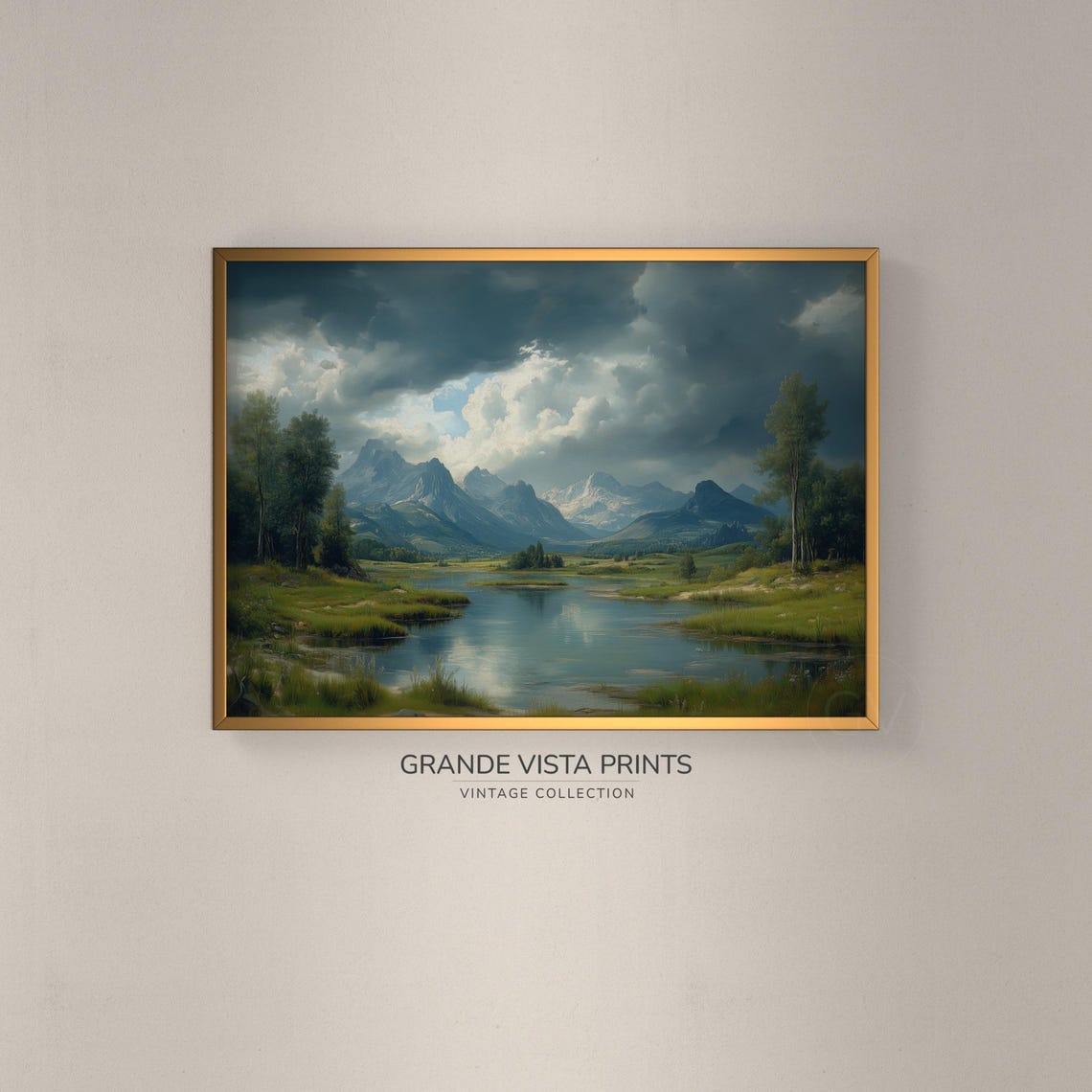 Mountain Lake Valley Dramatic Clouds Green Meadow Vintage Poster