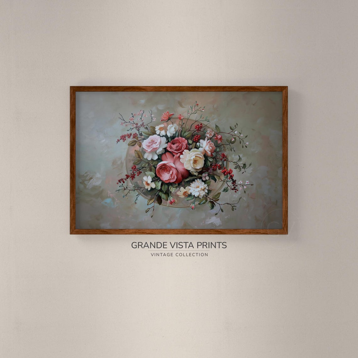 Pink Roses and White Blossoms Red Berry Bouquet Vintage Floral Poster - Image 2