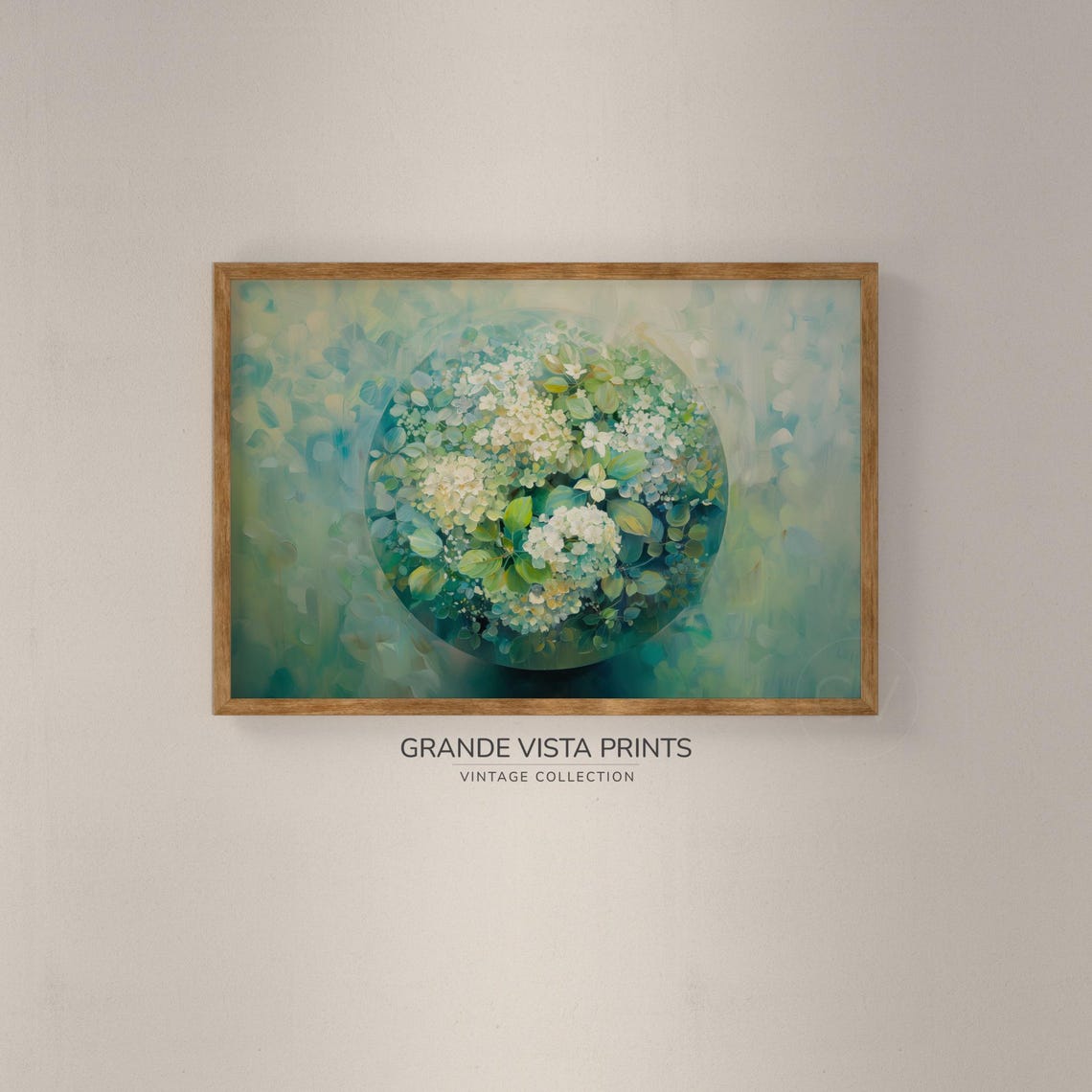 White Hydrangea Blossom Sphere on Teal Green Abstract Floral Wall Art - Image 2