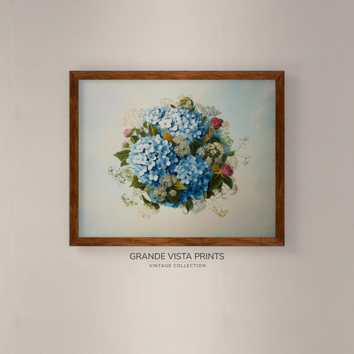 Blue Hydrangea Rosebud Bouquet Vintage Floral Wall Art Poster - Image 4