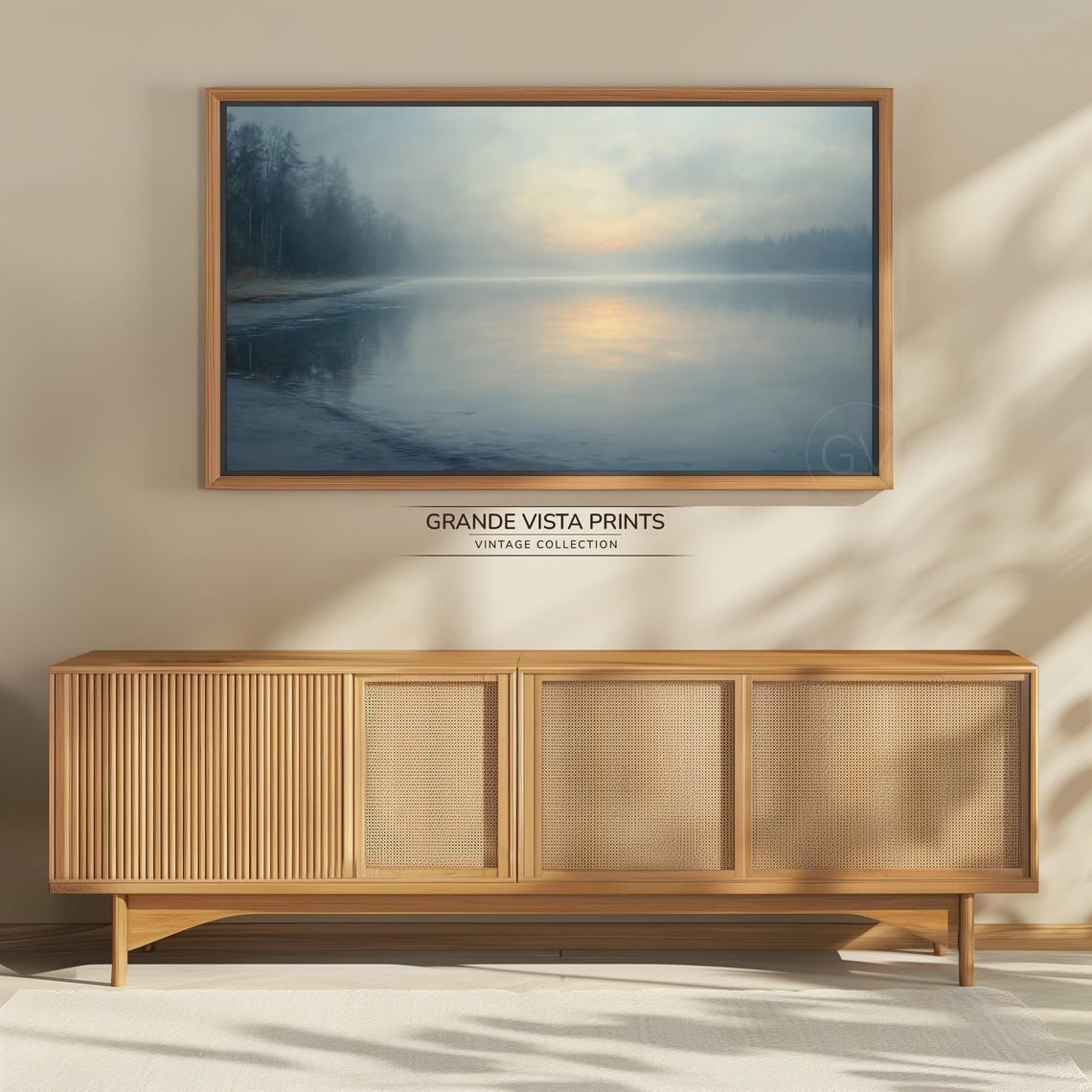 Misty Lake Sunrise Golden Reflection Foggy Shore Painting Poster - Image 4