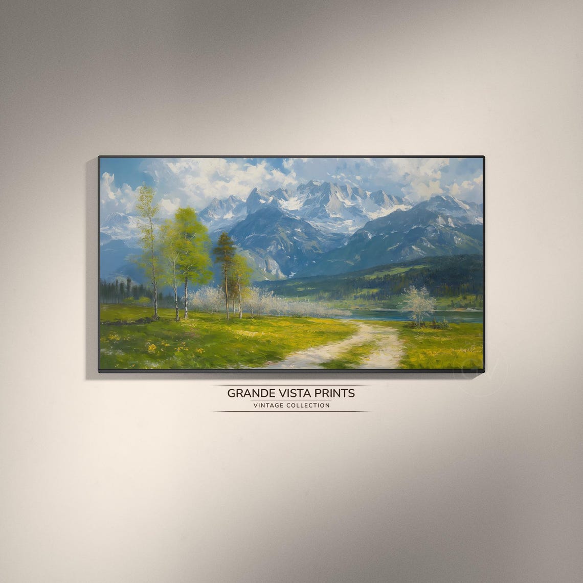 Spring Mountain Valley Stream Birch Trees Snow Peak Meadow Poster