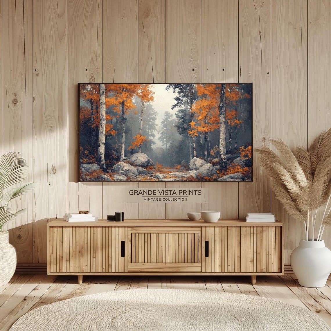 Misty Fall Forest Orange Aspens Boulders Foggy Vintage Painting - Image 2