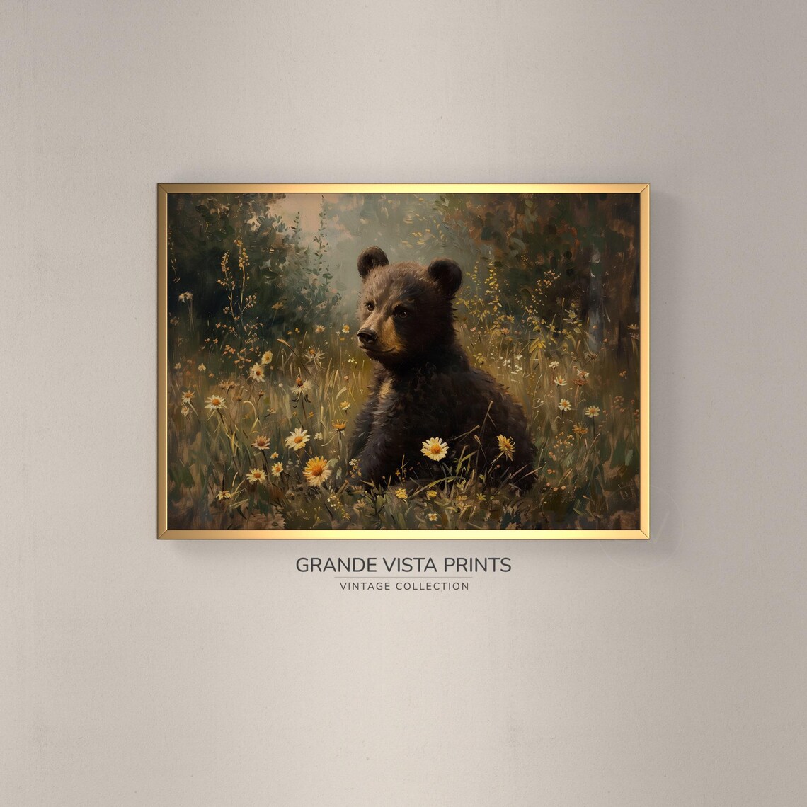 Black Bear Cub Daisy Field Golden Light Vintage Wildlife Poster