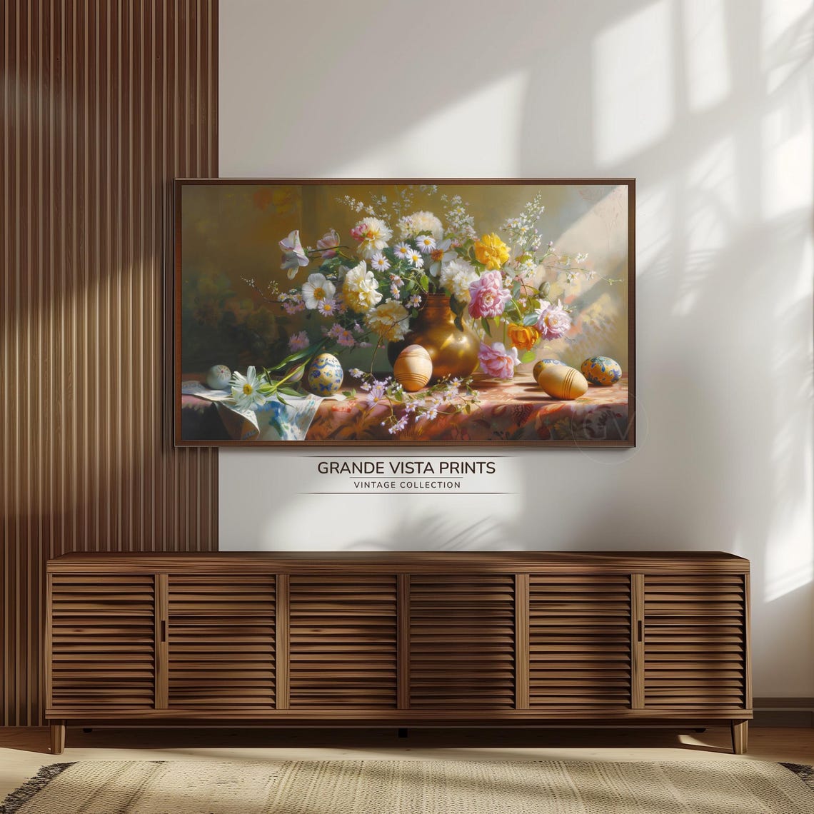 Easter Still Life Brass Vase Flowers Painted Eggs Table Poster - Image 3
